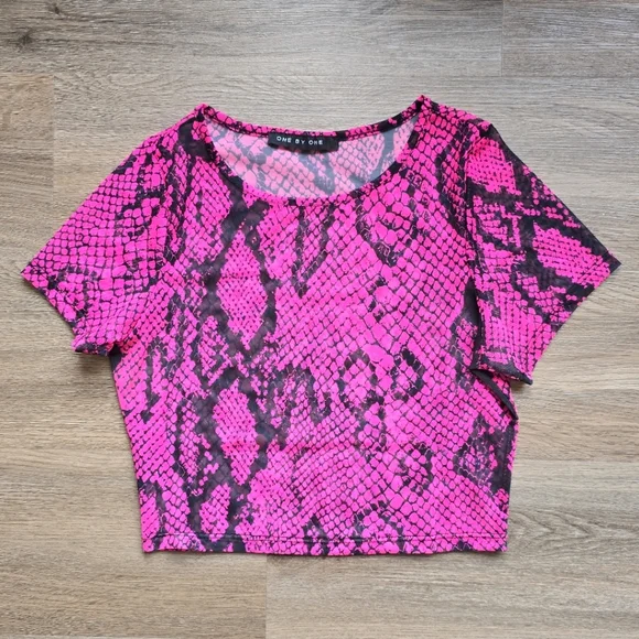 Dolls Kill Sugar Queen Seductress Mesh Crop Top Short Sleeve Pink Snake Print - Picture 3 of 7